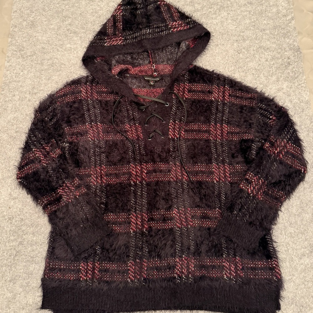 Rock & Republic Women's Hooded Lace Up Fuzzy Grunge Plaid Eyelash Knit Sweater L